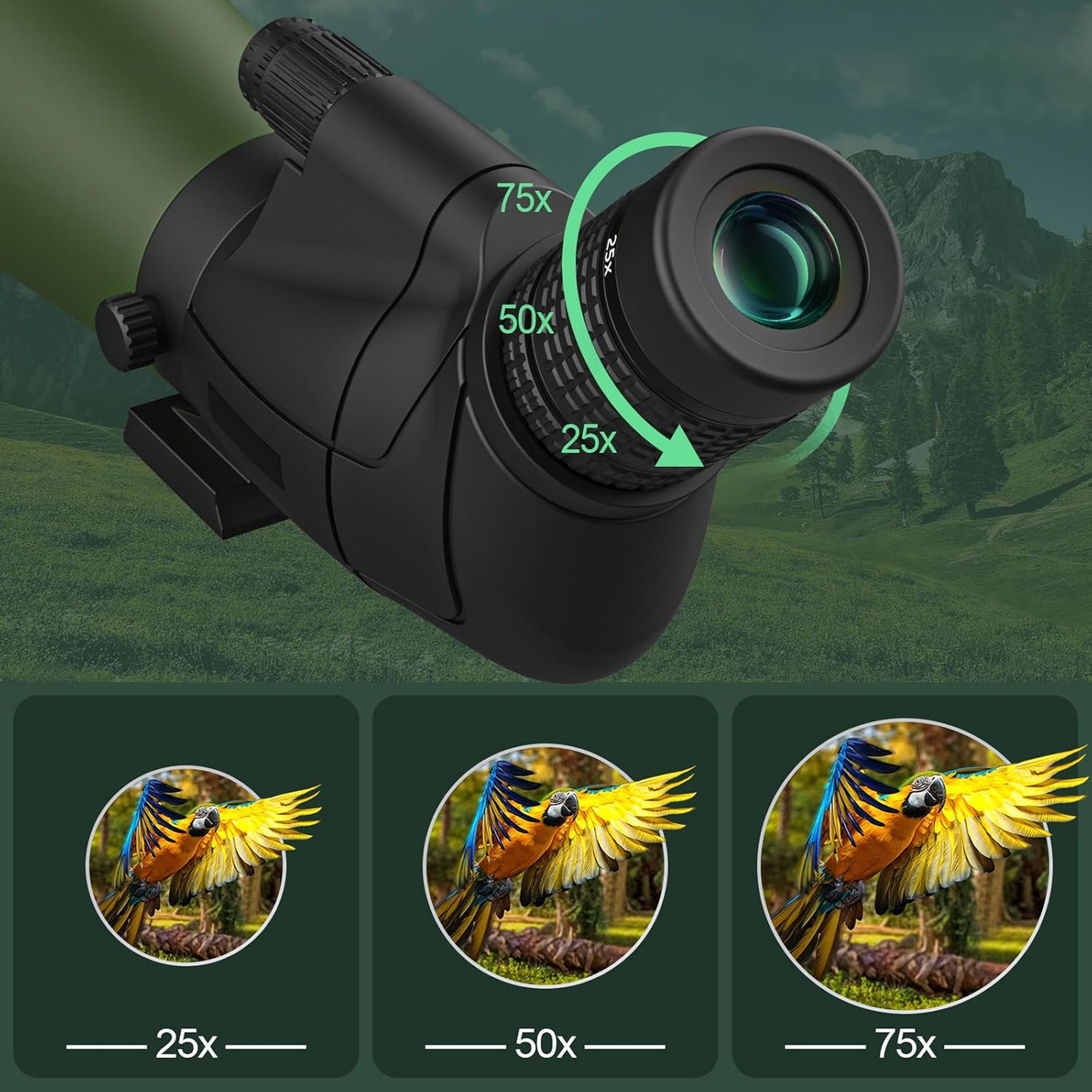 Black Virelta Spotting Scope with zoom capabilities on a green landscape background