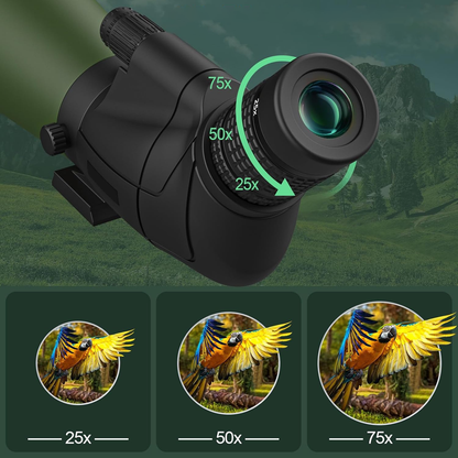 Black Virelta Spotting Scope with zoom capabilities on a green landscape background