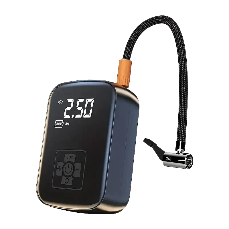 Digital Voltire Tyre Inflator with digital display and hose on a white background