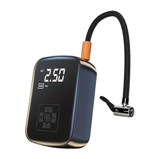 Digital Voltire Tyre Inflator with digital display and hose on a white background
