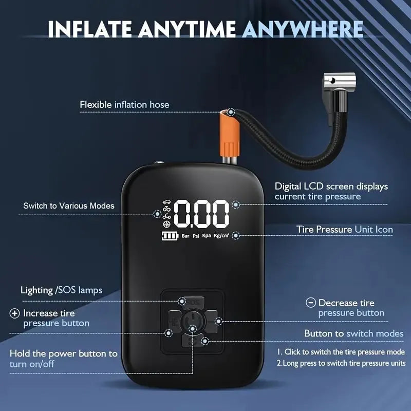 Black Voltire Tyre Inflator with digital display and features highlighted on a dark blue background
