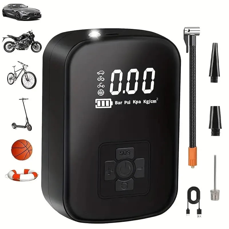 Black Voltire Tyre Inflator with various attachments on a white background