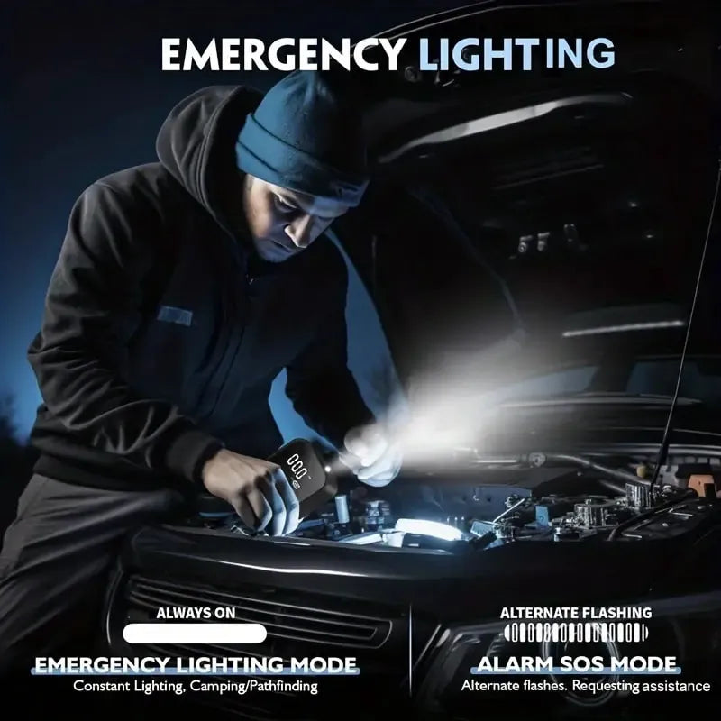 Person using a flashlight under a car with text on emergency lighting modes.