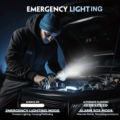 Person using a flashlight under a car with text on emergency lighting modes.
