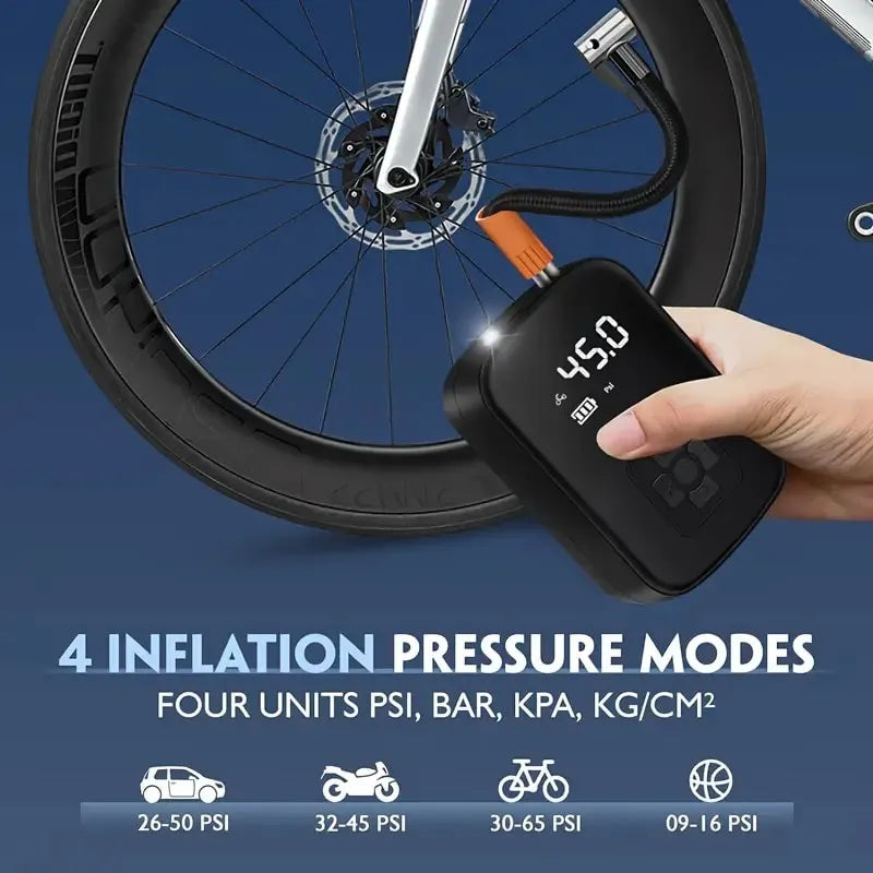Voltire Tyre Inflator pump with digital display being used on a bicycle tire against a blue background.
