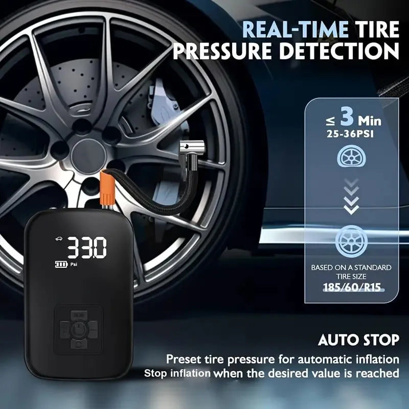 Voltire Tyre Inflator pressure monitor with real-time detection and auto stop feature, displayed against a car wheel background.
