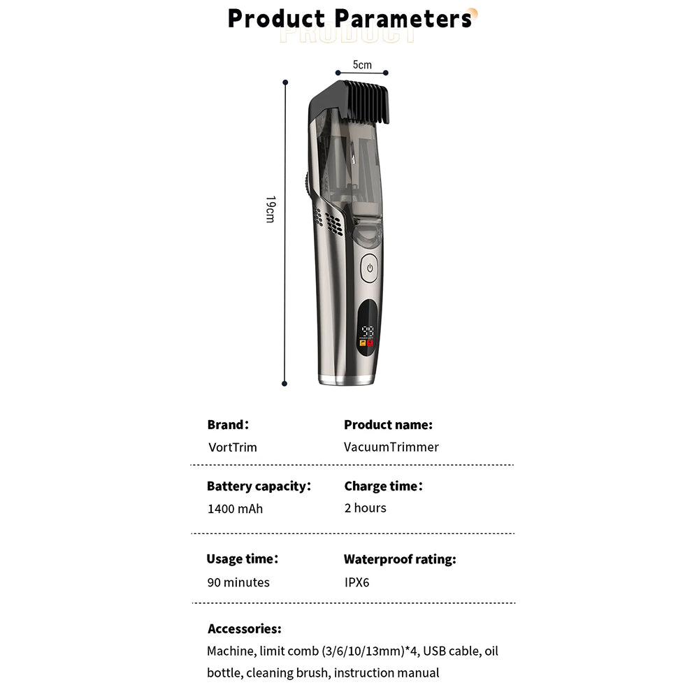 VortTrim VacuumTrimmer with product parameters on a white background