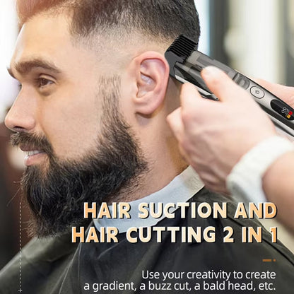 Person getting a haircut with a hair suction and VortTrim Beard Trimmer, wearing a black cape.