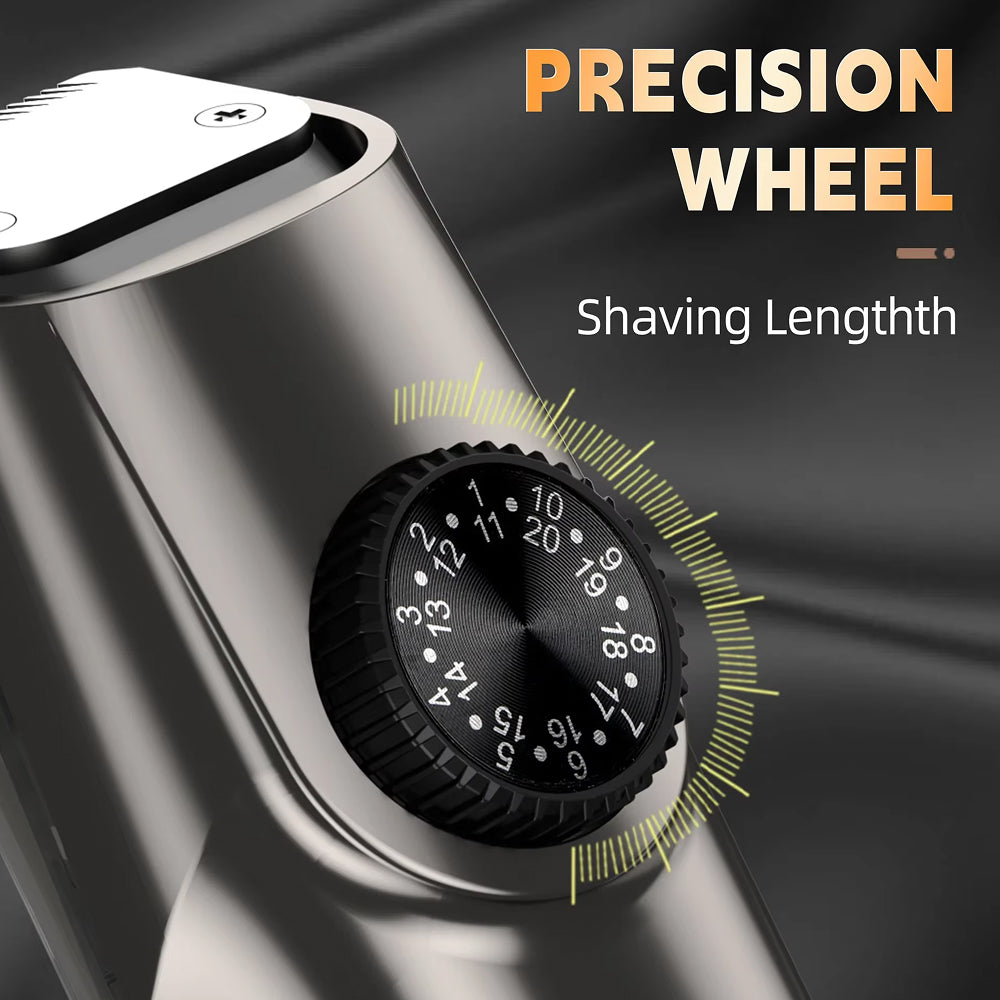 VortTrim Beard Trimmer with a precision wheel for adjusting shaving length on a dark background