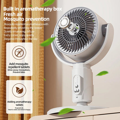 VortixVex Fan with aromatherapy box and mosquito prevention features on a wooden surface.
