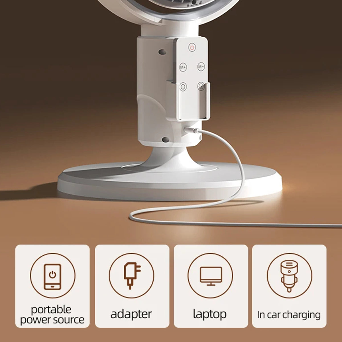 White VortixVex Fan with power cord on a brown background, featuring icons for portable power source, adapter, laptop, and in car charging.