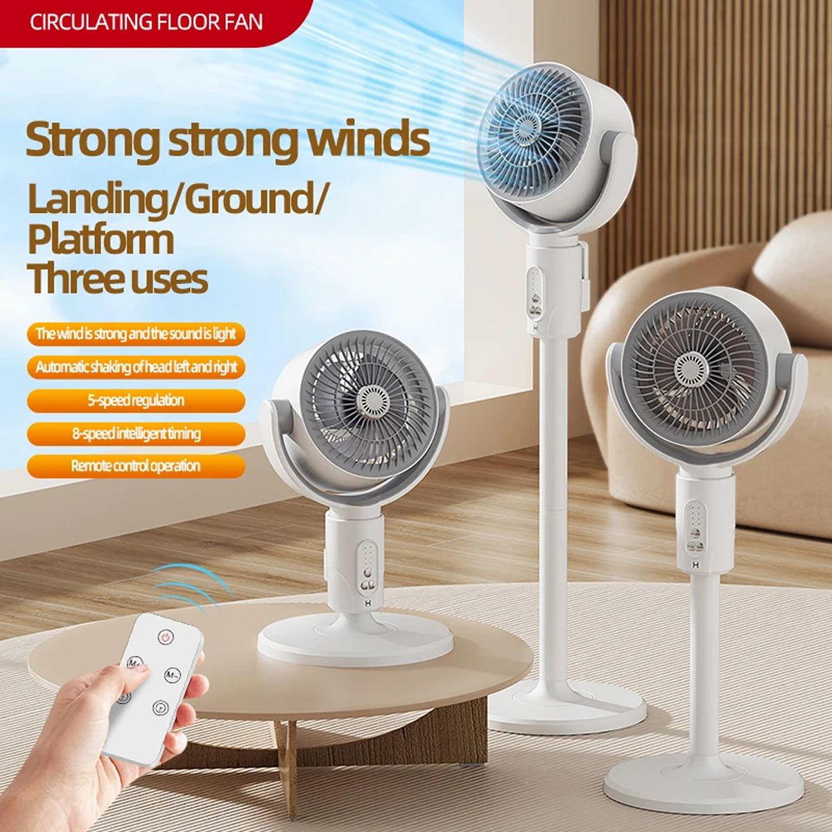 Circulating floor VortixVex Fan with remote control in a living room setting
