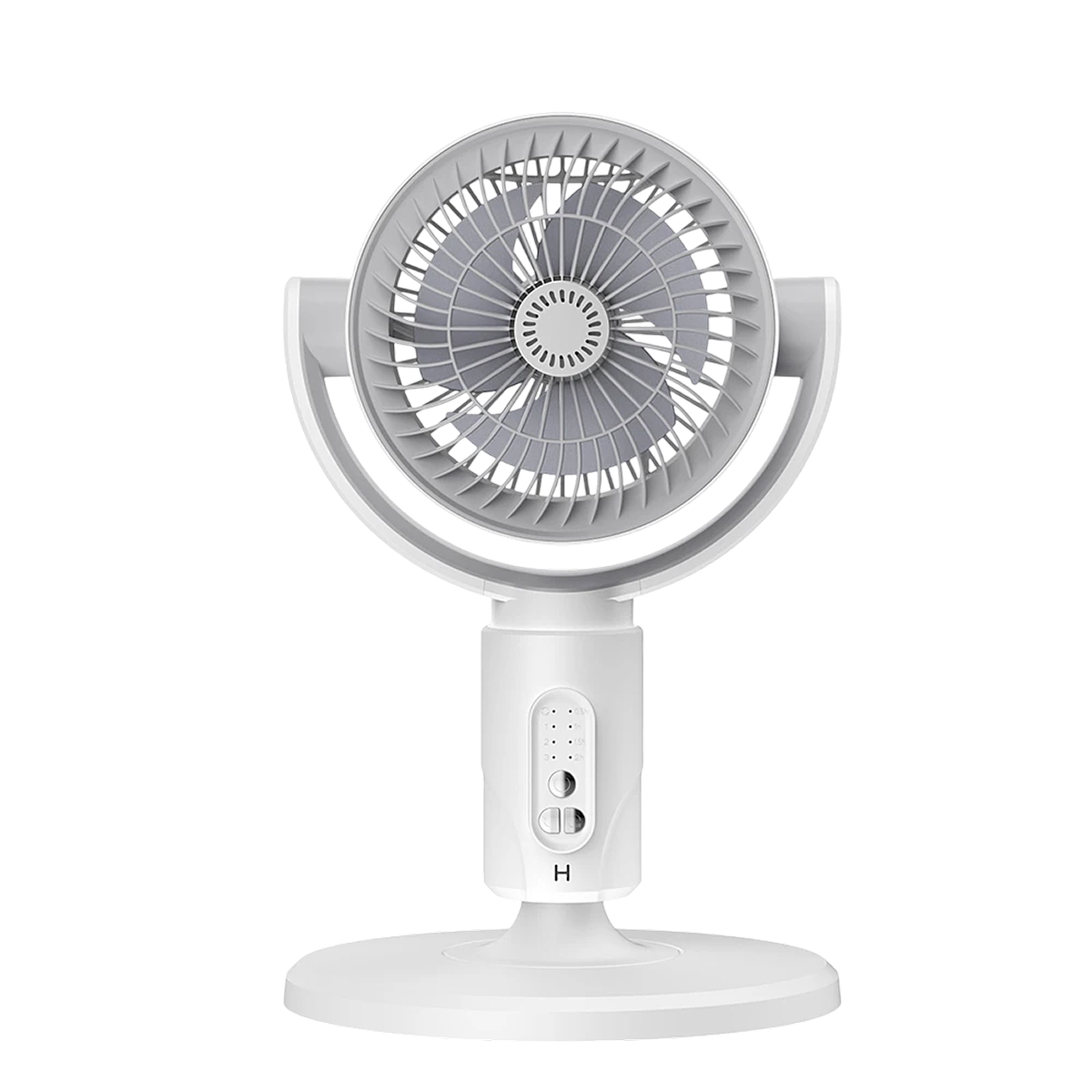 Portable VortixVex Fan with white base and gray blades on a white background