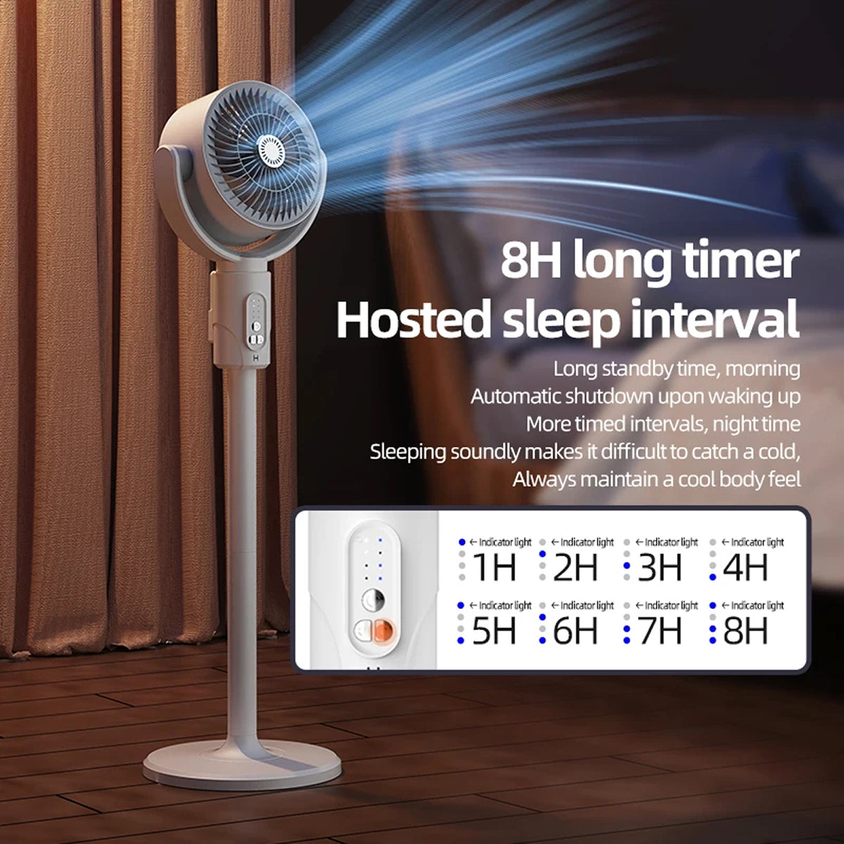 Stand VortixVex Fan with 8H long timer and hosted sleep interval feature on a wooden floor.