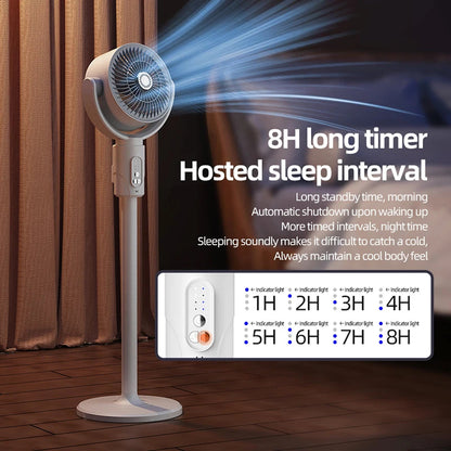 Stand VortixVex Fan with 8H long timer and hosted sleep interval feature on a wooden floor.