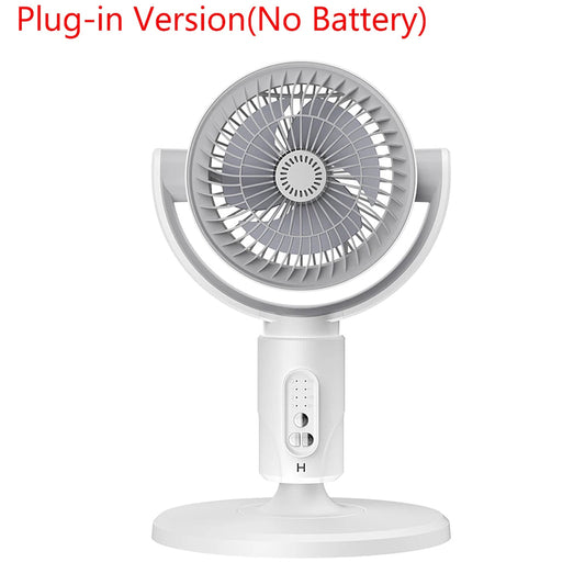 White and gray plug-in VortixVex Fan on a white background with text indicating 'Plug-in Version (No Battery)'.