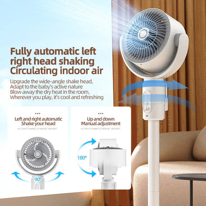 Shaking head circulating indoor air VortixVex Fan with text on a room background