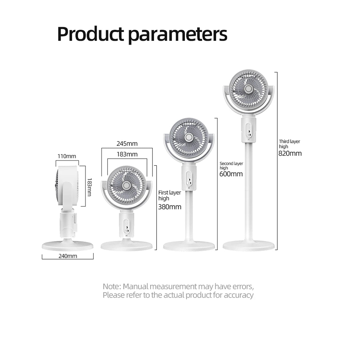 Measurement chart of a white stand VortixVex Fan with dimensions labeled.