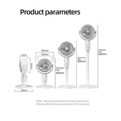 Measurement chart of a white stand VortixVex Fan with dimensions labeled.