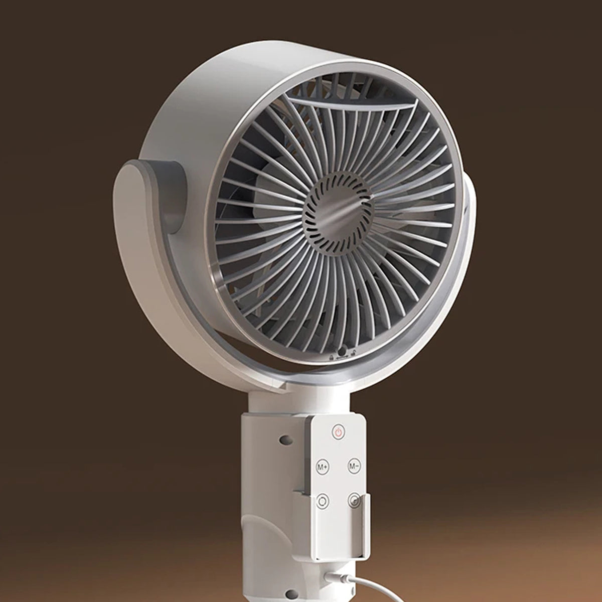 White handheld VortixVex Fan on a brown background