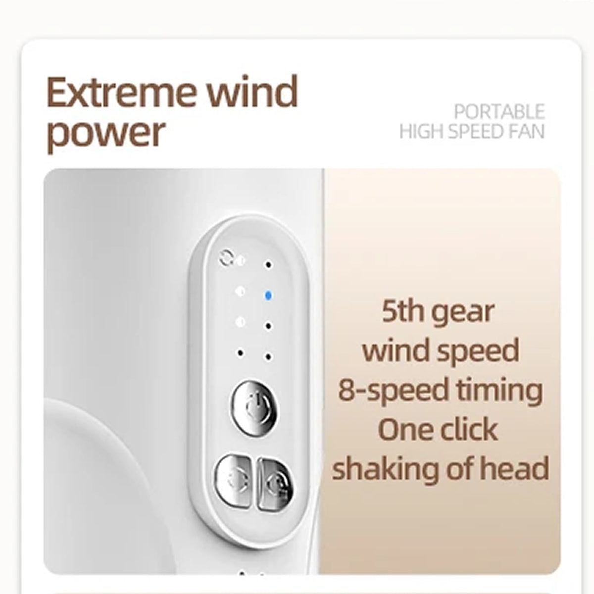 Portable high-speed VortixVex Fan with control buttons on a white and beige background