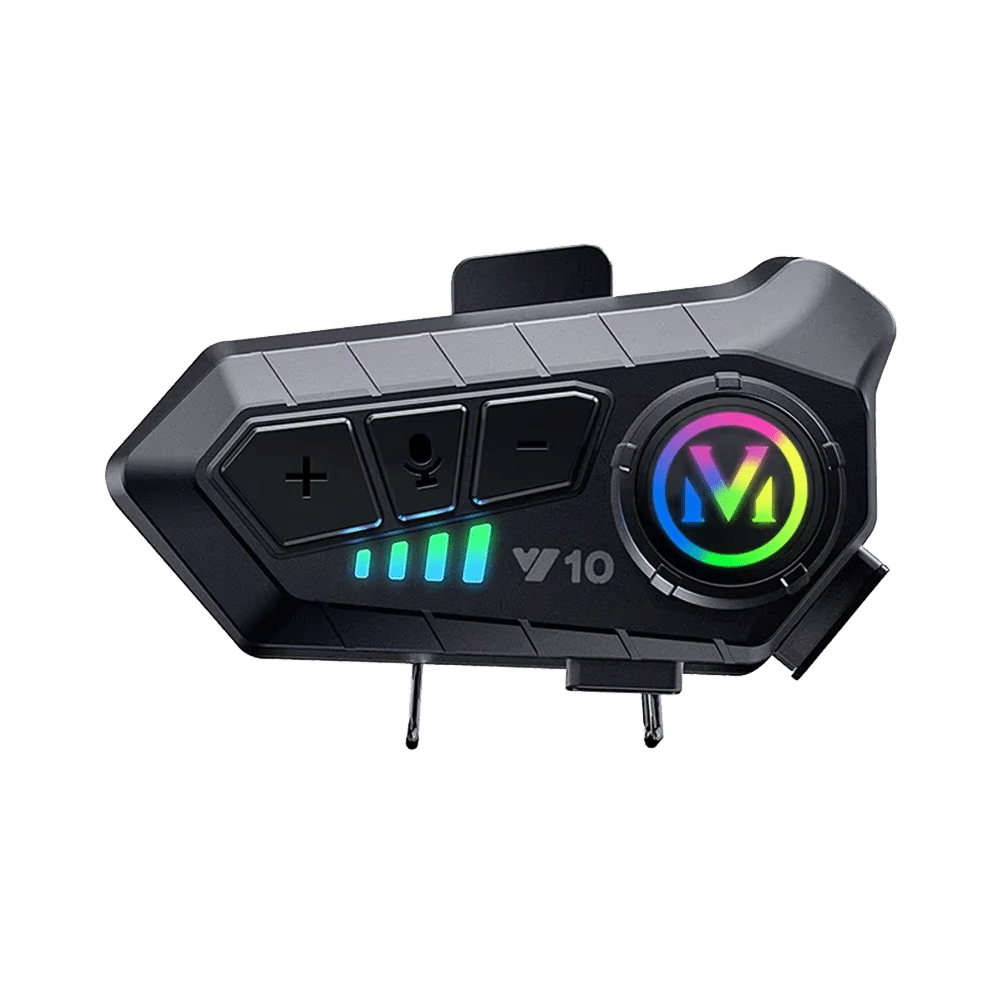 VoxiRide Motorcycle Intercom with colorful display on a white background