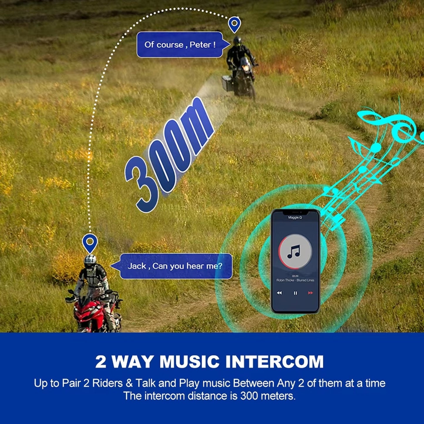 Two people on motorcycles in a field with text about 2-way music intercom and intercom distance.