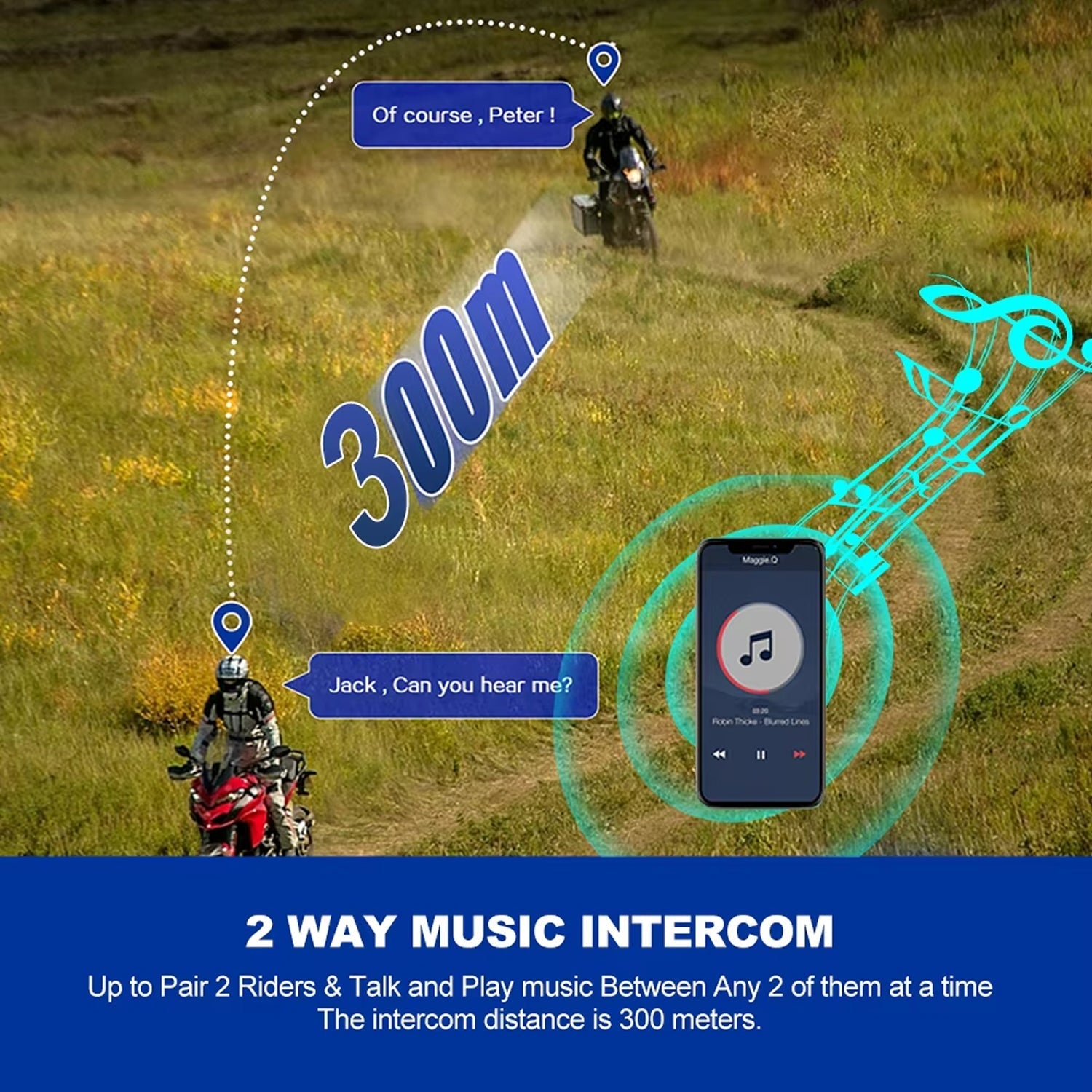Two people on motorcycles in a field with text about 2-way music intercom and intercom distance.