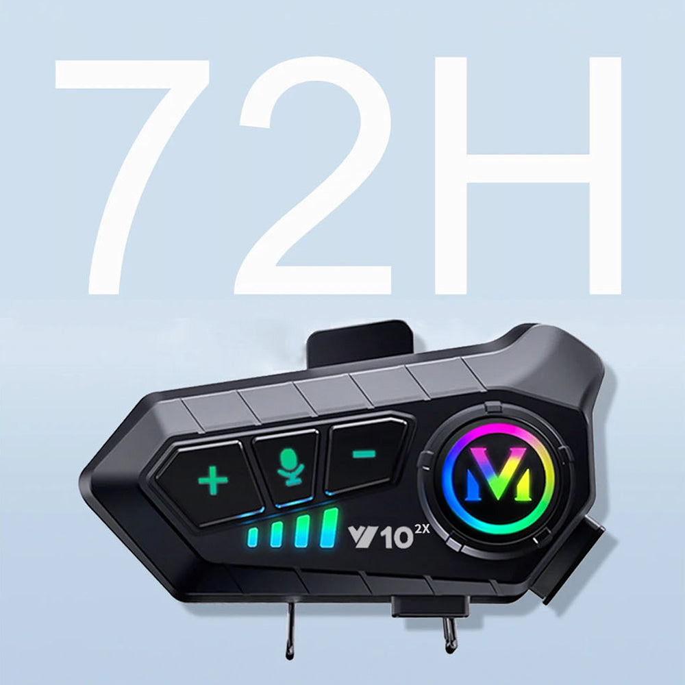 VoxiRide Motorcycle Intercom with colorful display on a light blue background