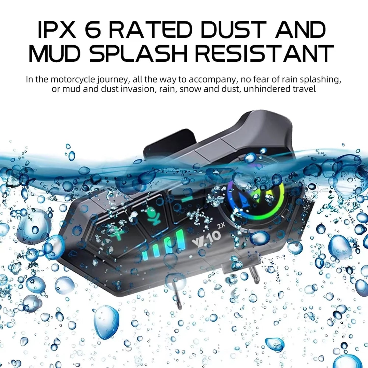 VoxiRide Motorcycle Intercom with water splashes and text about IPX 6 rating