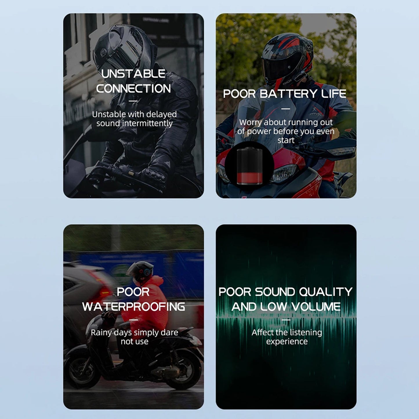 Four card-style images with issues related to a motorcycle helmet's audio system on a light blue background.