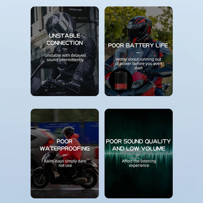 Four card-style images with issues related to a motorcycle helmet's audio system on a light blue background.