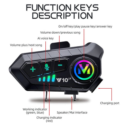 VoxiRide Motorcycle Intercom with labeled function keys on a white background