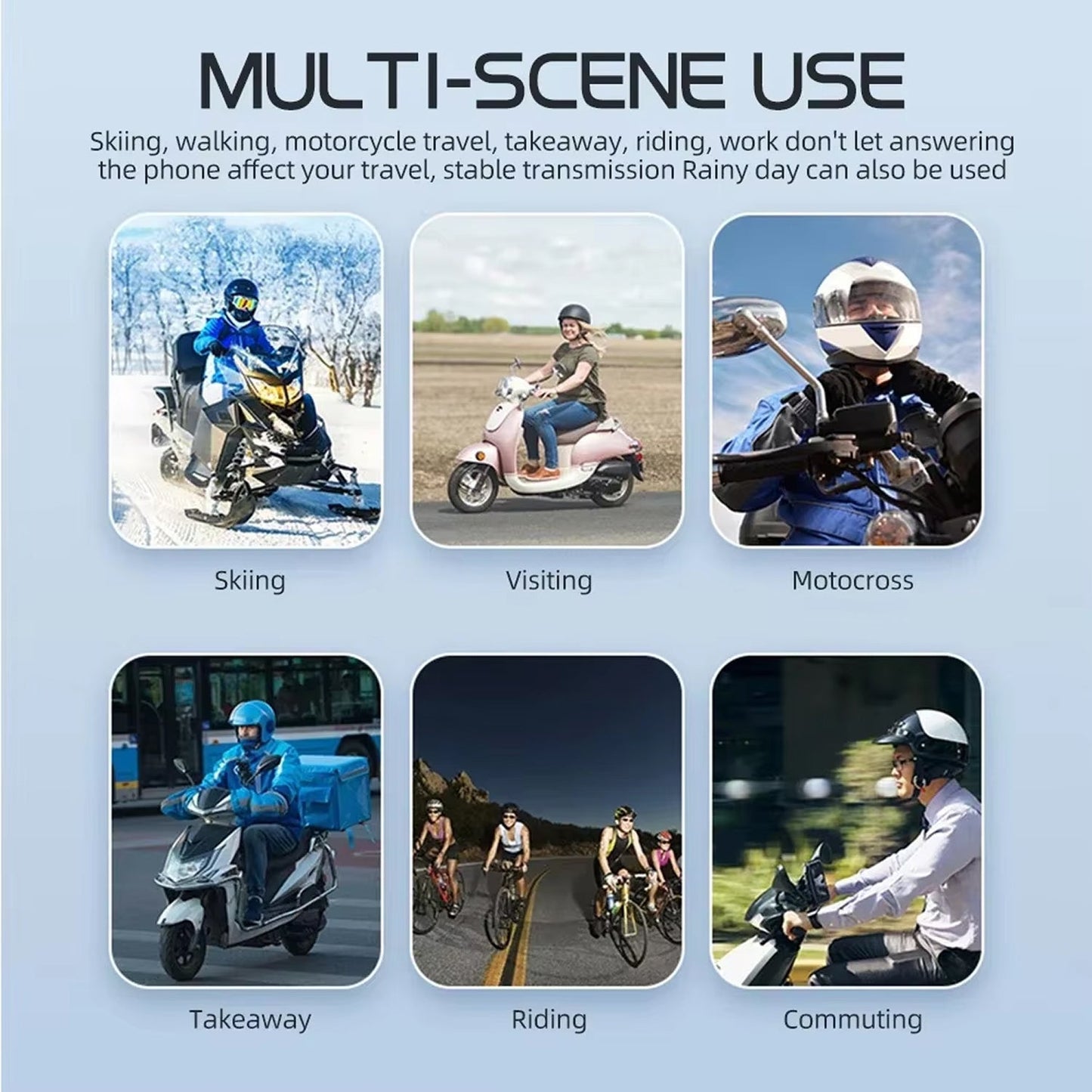Multifunctional device usage scenarios including skiing, visiting, motocross, takeaway, riding, and commuting.