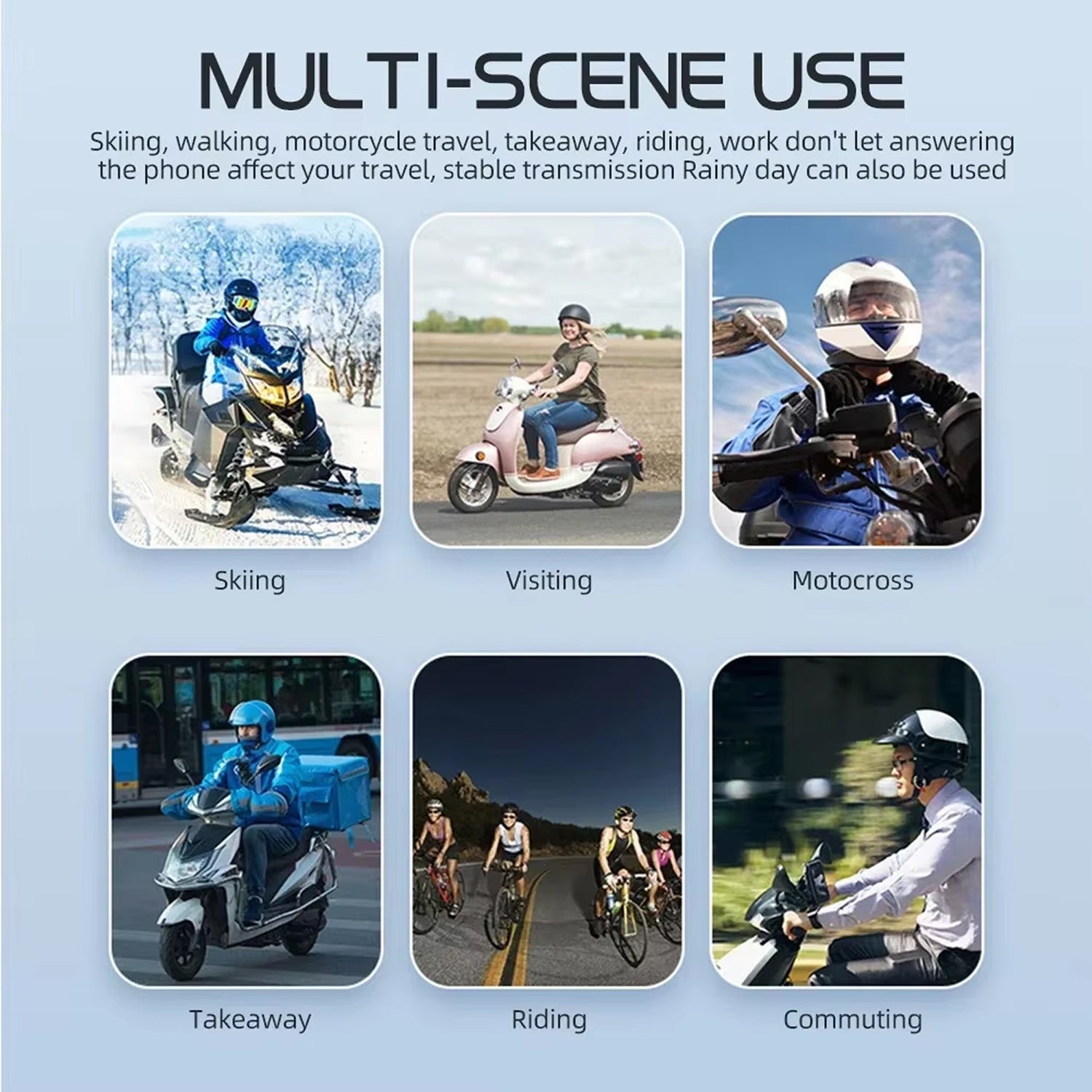 Multifunctional device usage scenarios including skiing, visiting, motocross, takeaway, riding, and commuting.