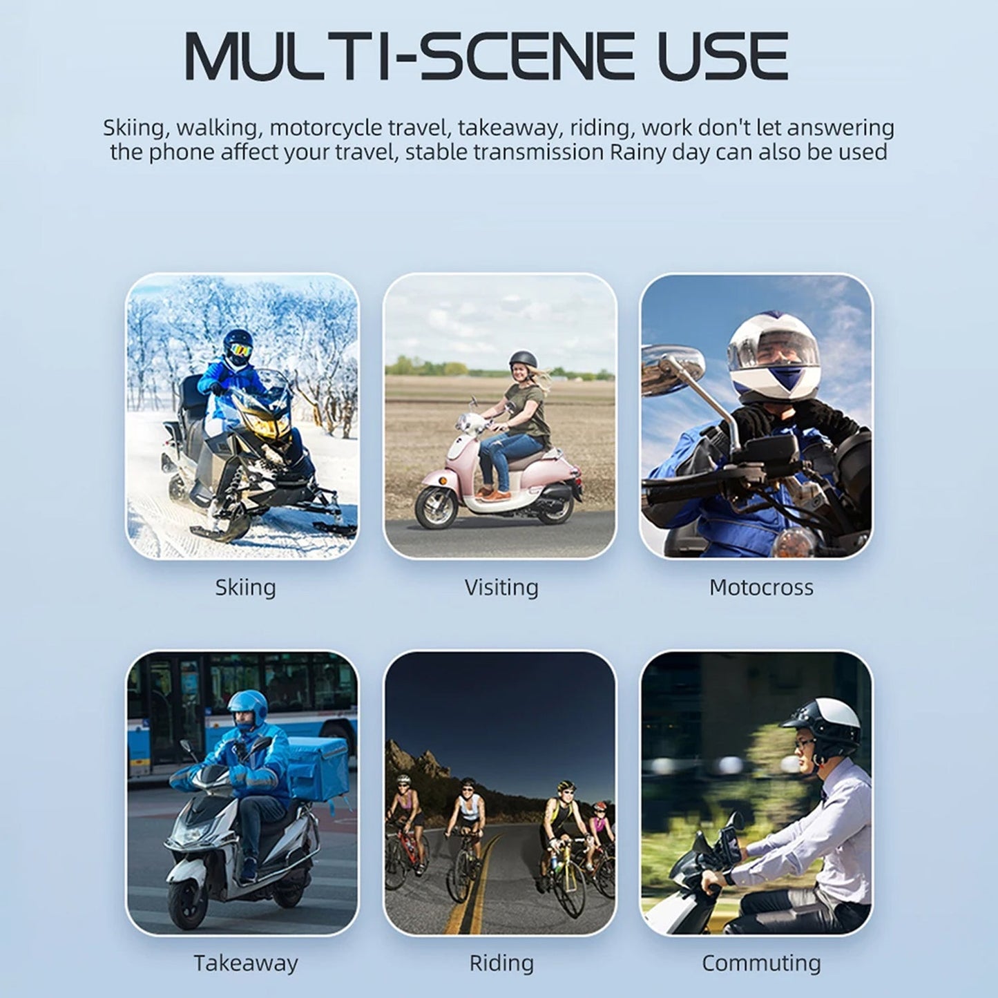 Multifunctional device usage scenarios including skiing, visiting, motocross, takeaway, riding, and commuting.