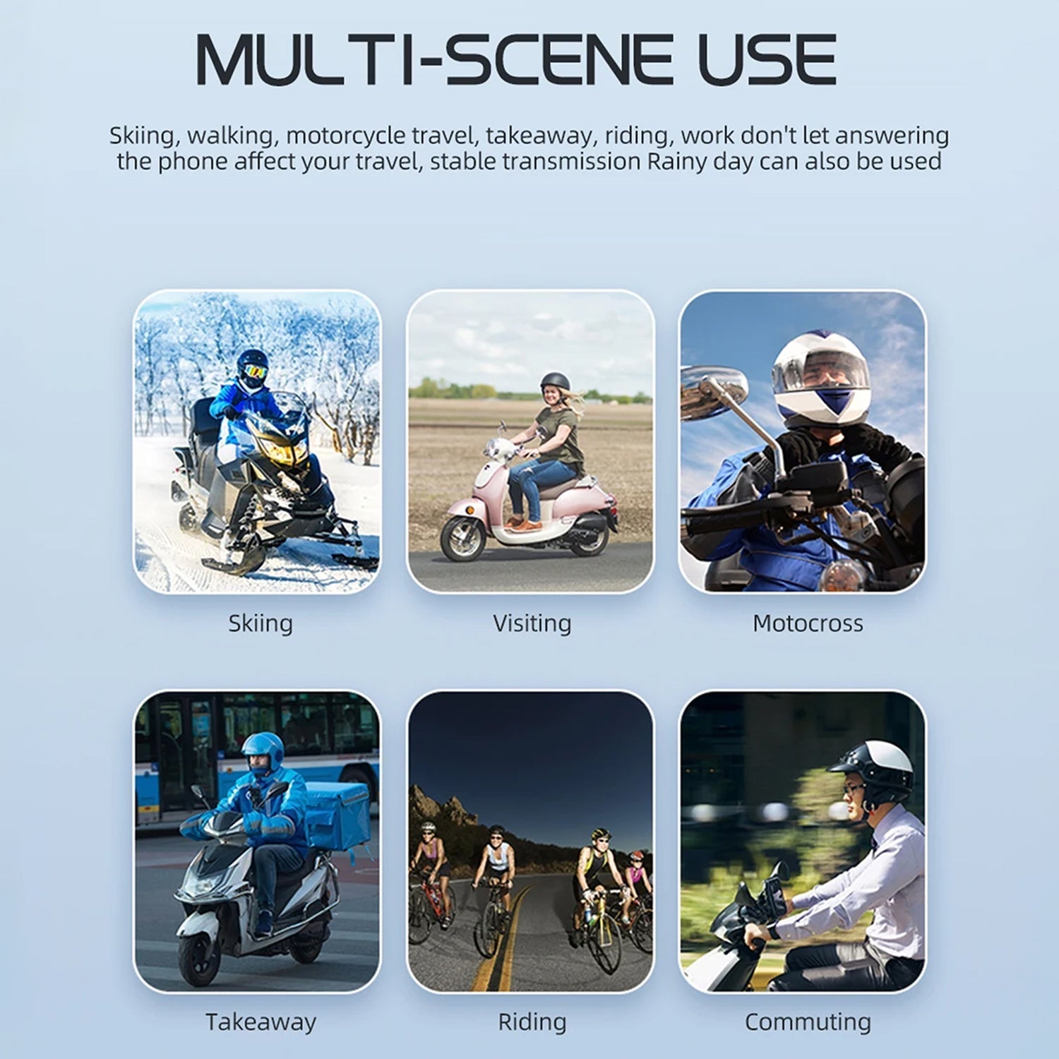 Multifunctional device usage scenarios including skiing, visiting, motocross, takeaway, riding, and commuting.