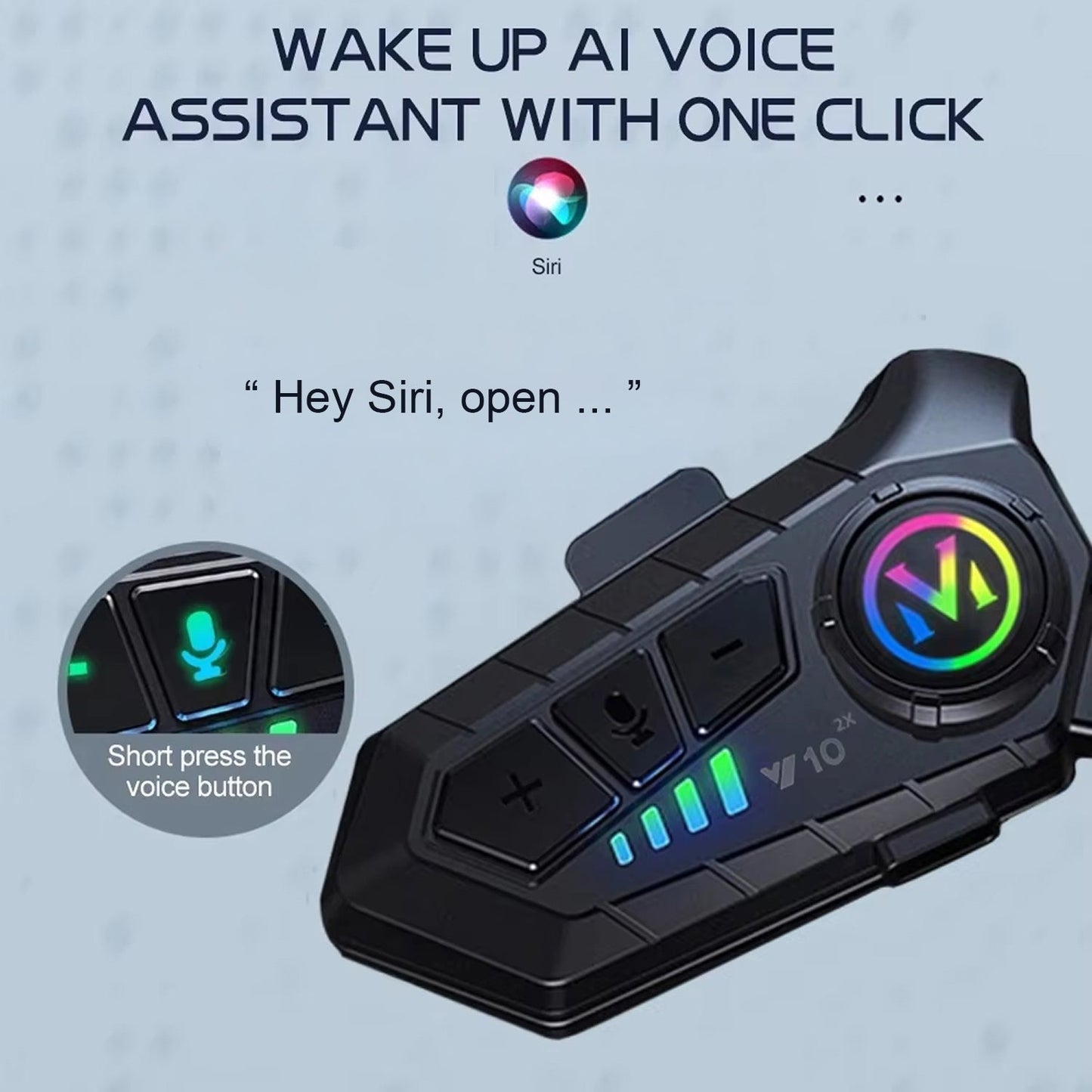VoxiRide Motorcycle Intercom with voice assistant feature on a light blue background