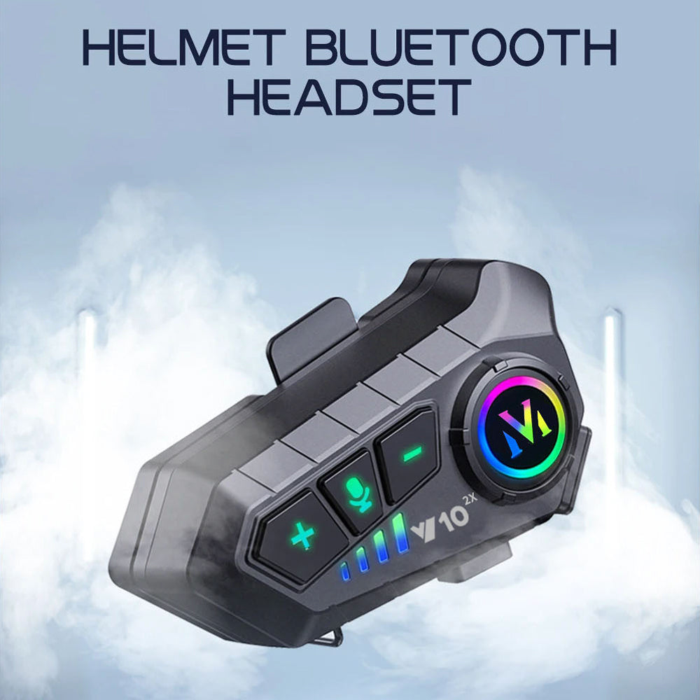 VoxiRide Motorcycle Intercom Bluetooth headset with colorful display on a light blue background