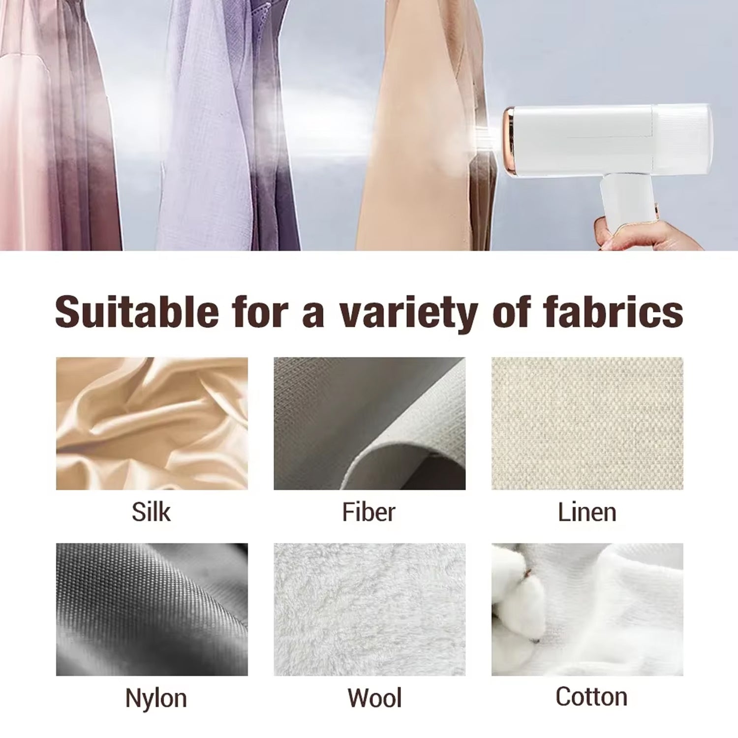 WandixStim Steamer with text 'Suitable for a variety of fabrics' and fabric types shown below.