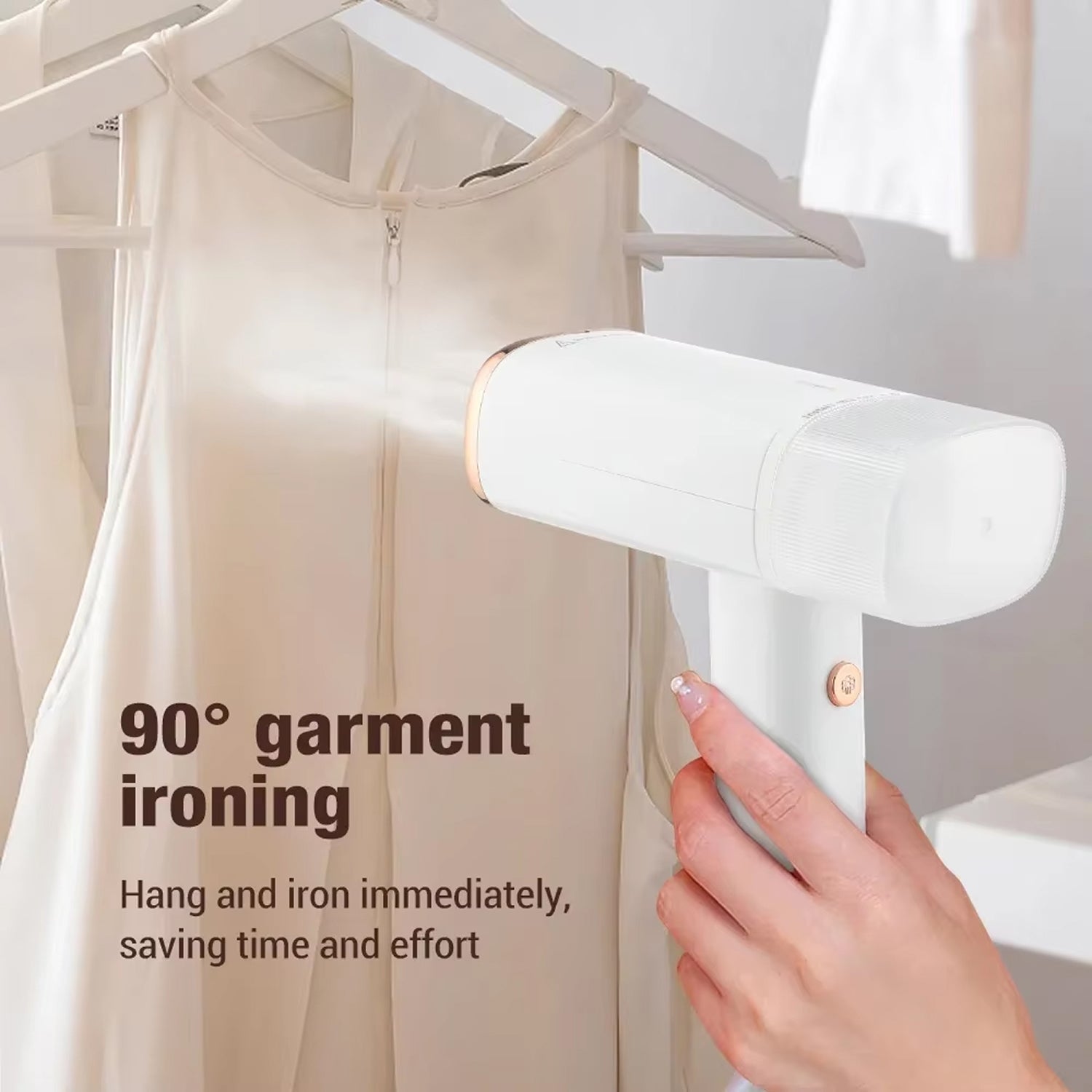 Hand using a WandixStim garment  on a shirt with text about 90-degree garment ironing.