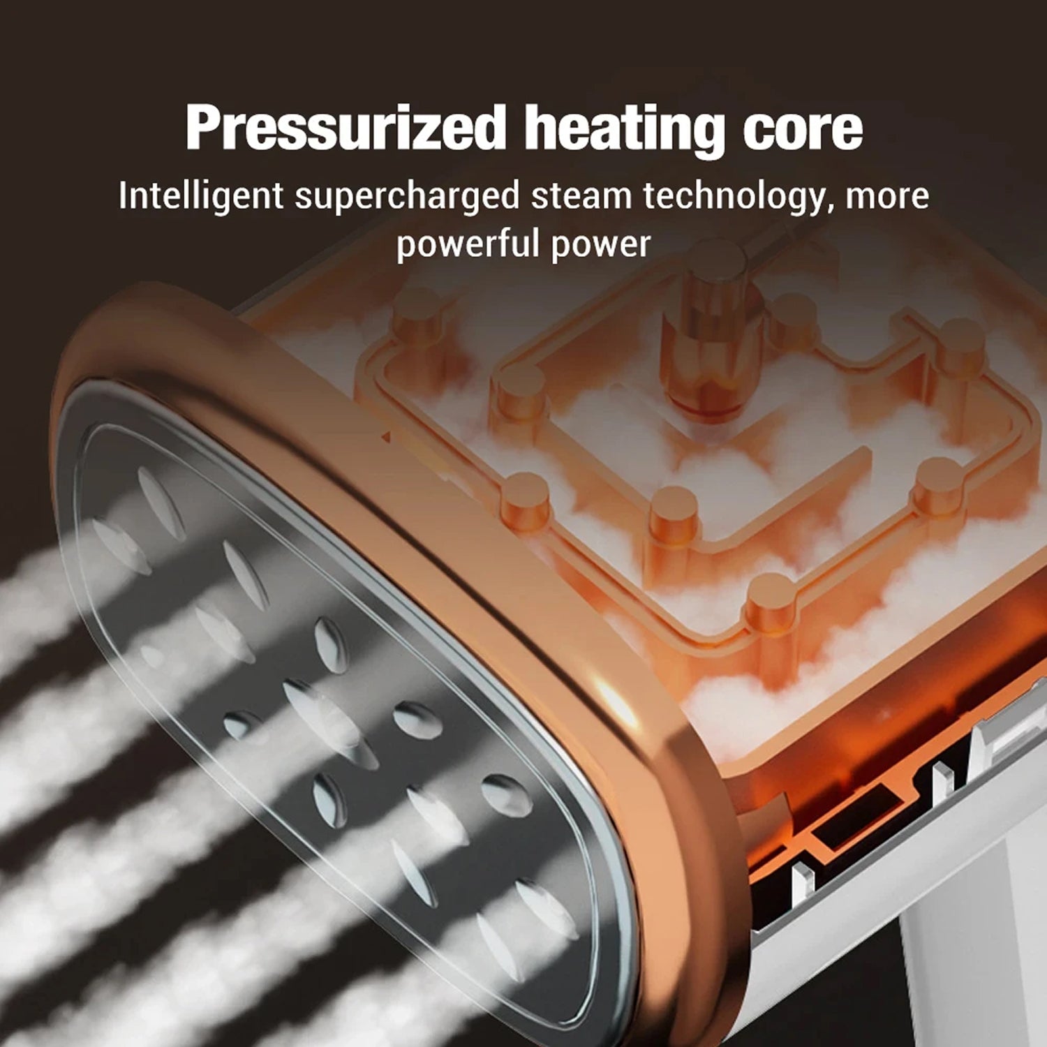 Pressurized heating core with steam emanating from it, labeled 'Pressurized WandixStim Steamer core' and 'Intelligent supercharged steam technology, more powerful power'.