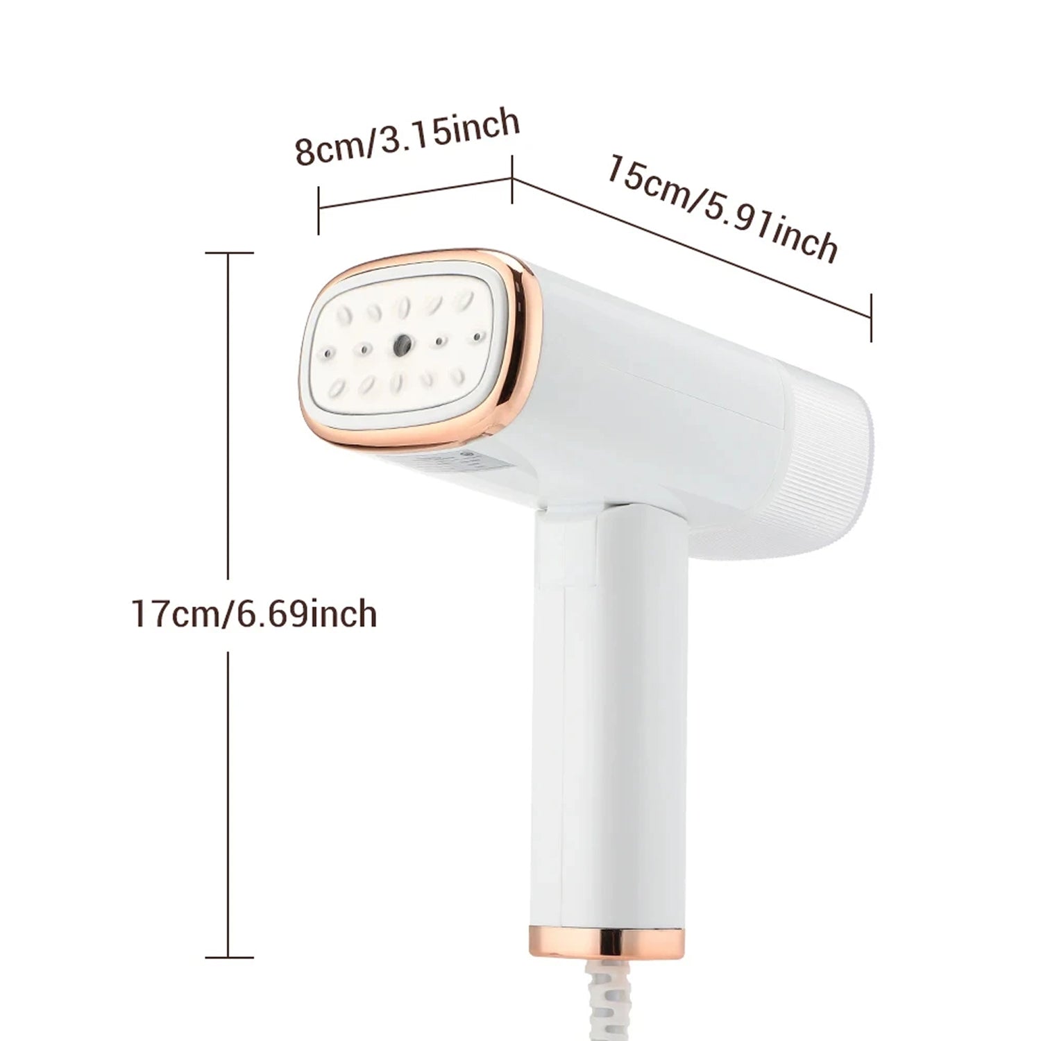 White WandixStim Steamer with rose gold accents and measurements on a white background
