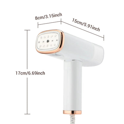 White WandixStim Steamer with rose gold accents and measurements on a white background