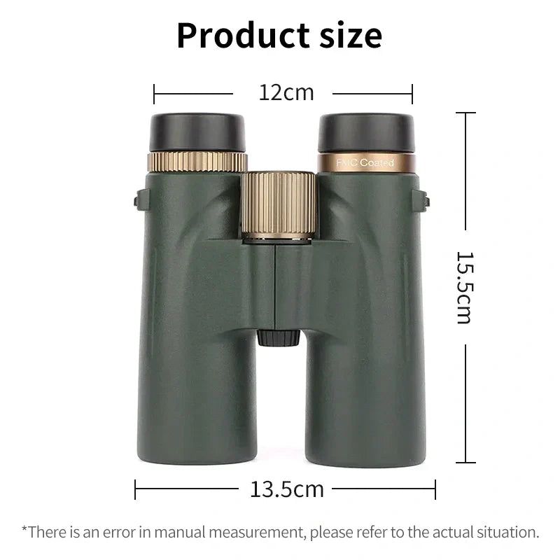 Green Warmax Binoculars with measurement details on a white background