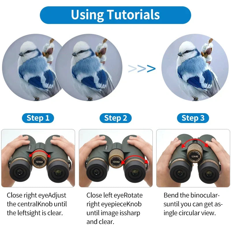 Step-by-step tutorial on using Warmax Binoculars with close-up images of a bird and instructions on adjusting the binoculars.