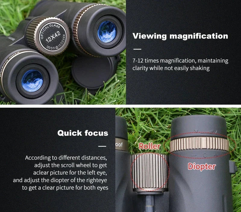 Warmax Binoculars with close-up details on grass, highlighting viewing magnification and quick focus features.