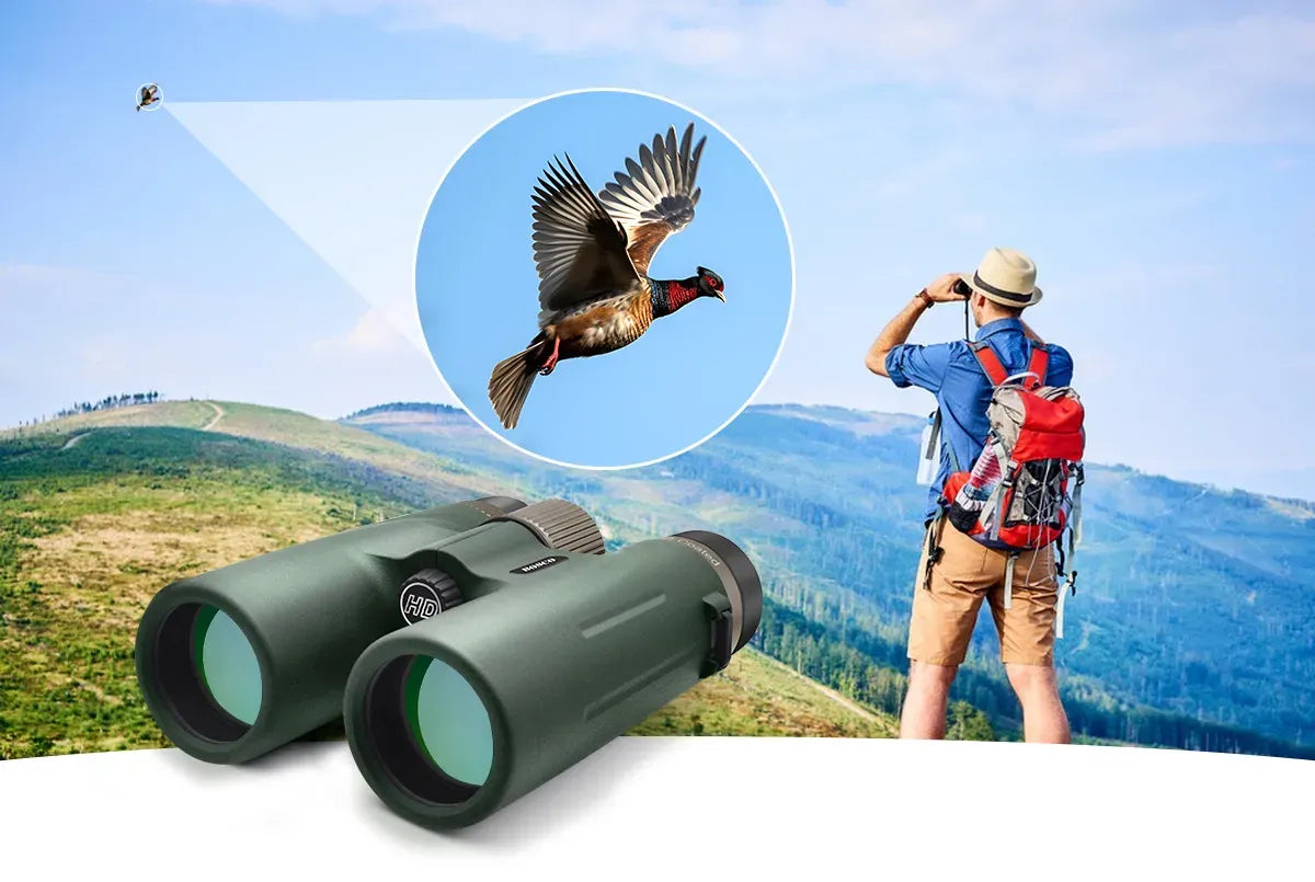 Person with Warmax Binoculars observing a bird in a scenic outdoor setting