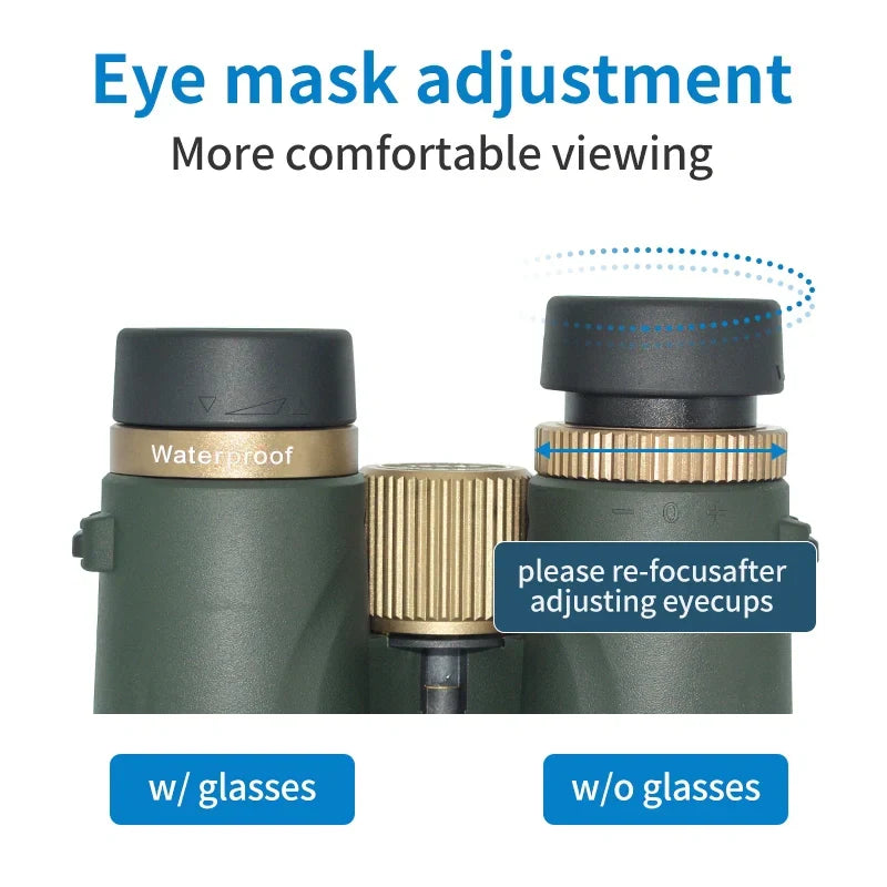 Warmax Binoculars with adjustable eye cups labeled for wearing glasses and without glasses on a white background.