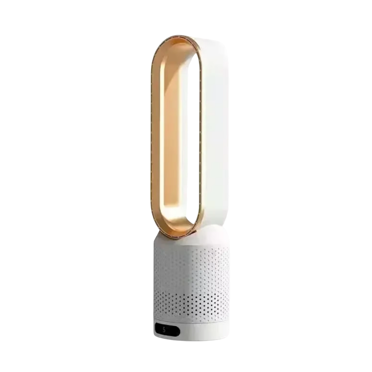 White and gold WhisParu Bladeless Fan product on a white background